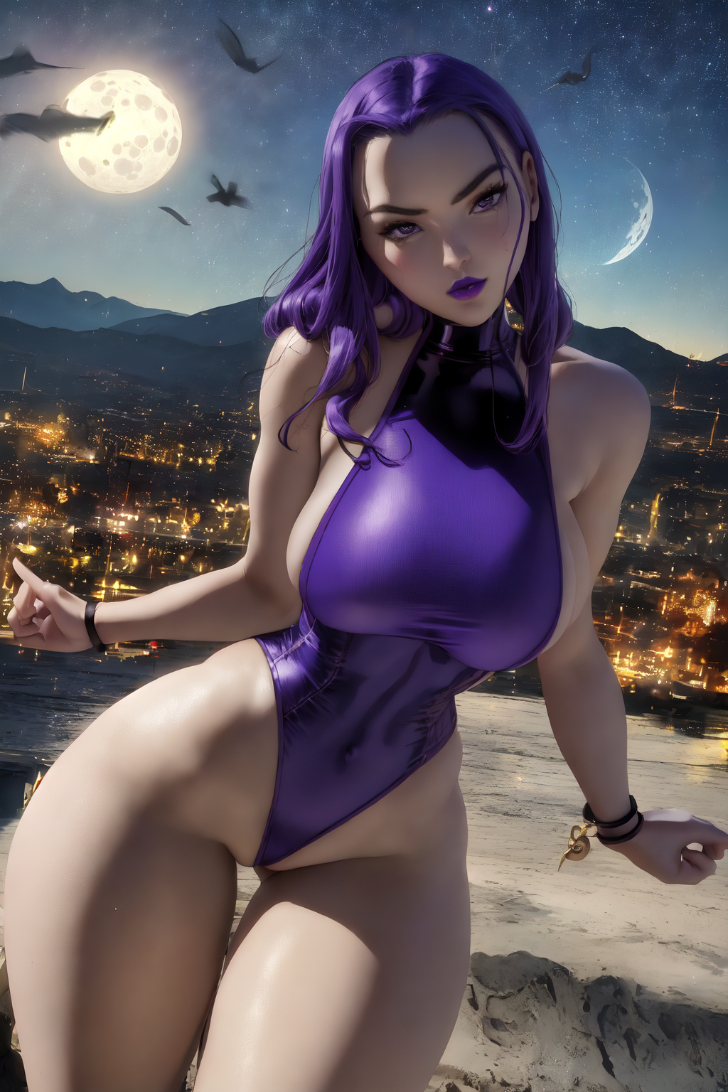 1girls, ai generated, breasts, dc, dc comics, female, female only, huge breasts, latex, leotard, one-piece swimsuit, purple swimsuit, rachel roth, raven (dc), solo, stable diffusion, swimsuit, tagme, teen titans, the hotshot, thick thighs, wide hips
