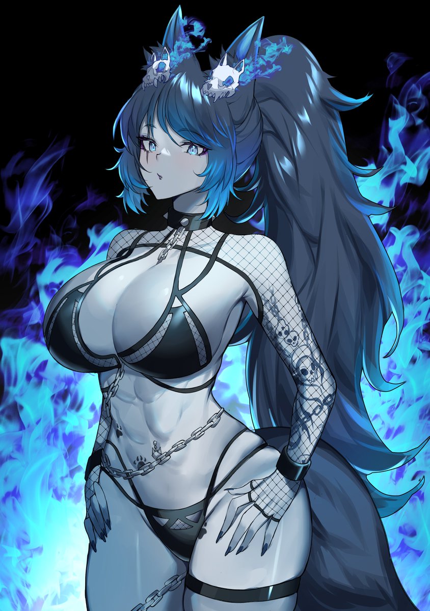 1girls abs animal_ears black_bra black_panties blue_eyes blue_fire bra breasts chain_leash chains cleavage collar dog_ears dog_girl dog_tail eyebrows_visible_through_hair female female_only fire fit fit_female grey-skinned_female grey_skin indie_virtual_youtuber lingerie looking_at_viewer muscular muscular_female panties pointy_chin ponytail solo spite_(vtuber) tail tattoos underwear virtual_youtuber wanndabaa