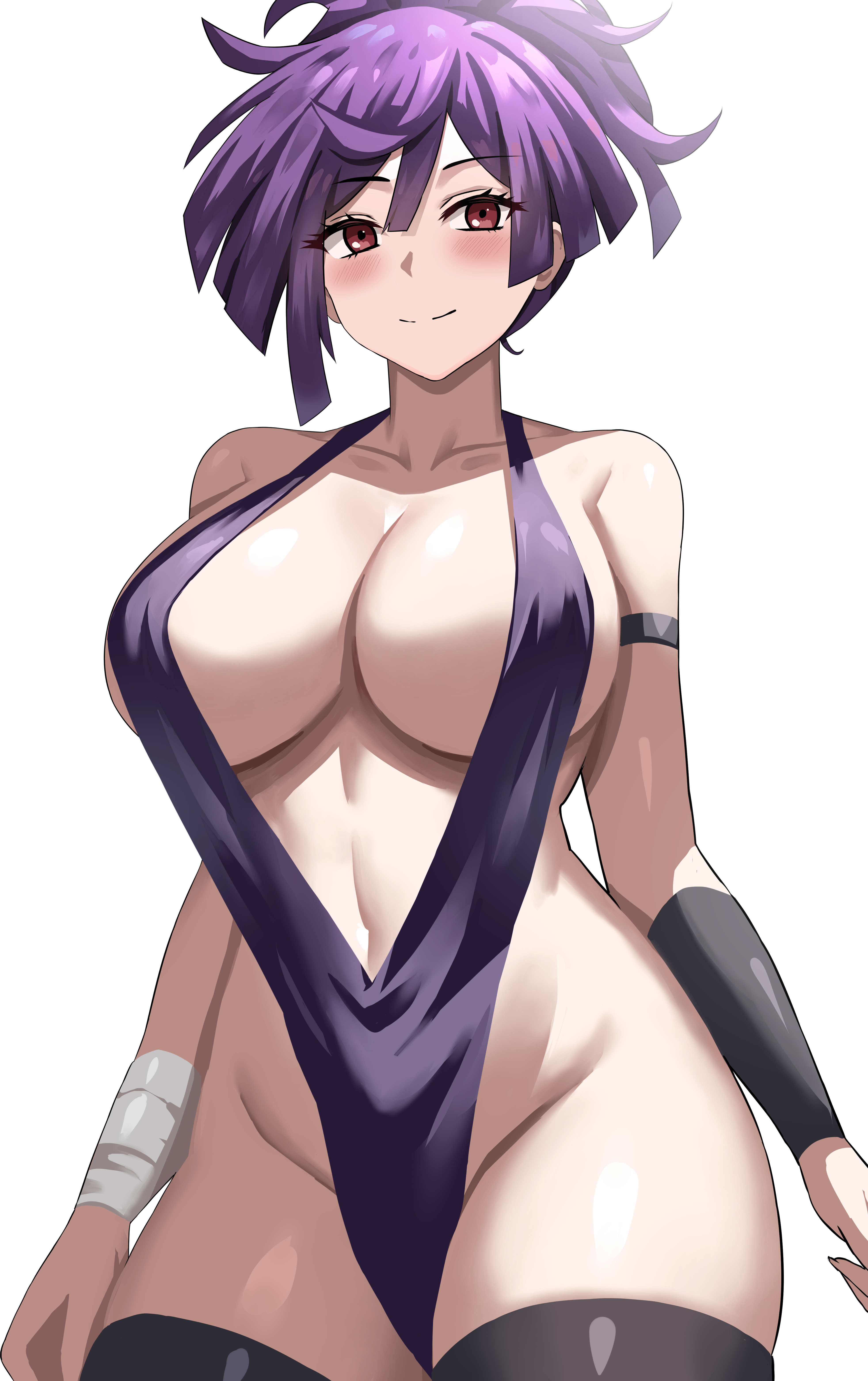 absurd res, bandage, bare shoulders, blush, breasts, cleavage, closed mouth, female, highres, jasony, jigokuraku, kunoichi, large breasts, looking at viewer, medium hair, ninja, pelvic curtain, purple hair, red eyes, revealing clothes, solo, yuzuriha (jigokuraku)