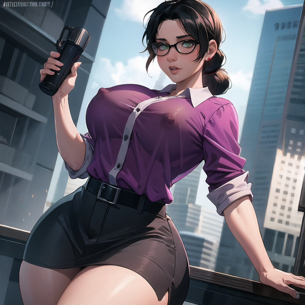 ai_generated big_breasts city_background cityscape cixf dark_hair erect_nipples erect_nipples_under_clothes erect_nipples_under_topwear glasses huge_breasts miss_pauling nipples_visible_through_clothing office_lady see-through shirt short_skirt skirt team_fortress_2 tf2 thick_thighs tight_shirt tight_skirt