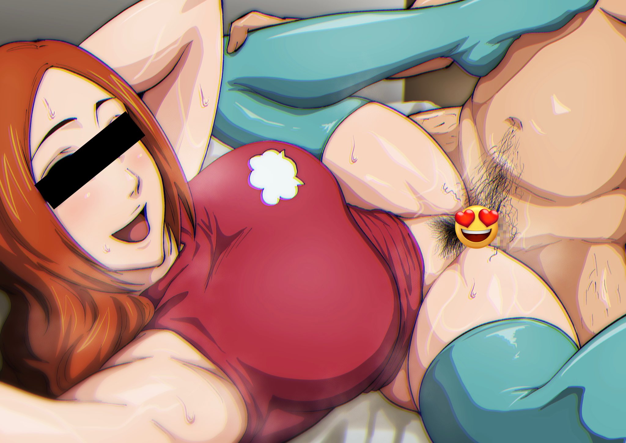 1boy, 1girls, age difference, bed, bleach, blue stockings, bottomless, breasts, brown eyes, censor bar, censored, cleavage, clothed sex, deep penetration, emoji, emoji censor, female, footwear, hairy, hairy male, hairy pussy, happy, happy sex, identity censor, inoue orihime, iwao178, large breasts, long hair, looking at viewer, looking pleasured, male, missionary, older male, on back, orange hair, penetration, pubes, pubic hair, pussy, pussy hair, selfie, sex, spread legs, stray pubic hair, sweat, sweatdrop, sweating, thick thighs, thighhighs, thighs, wide hips, younger female