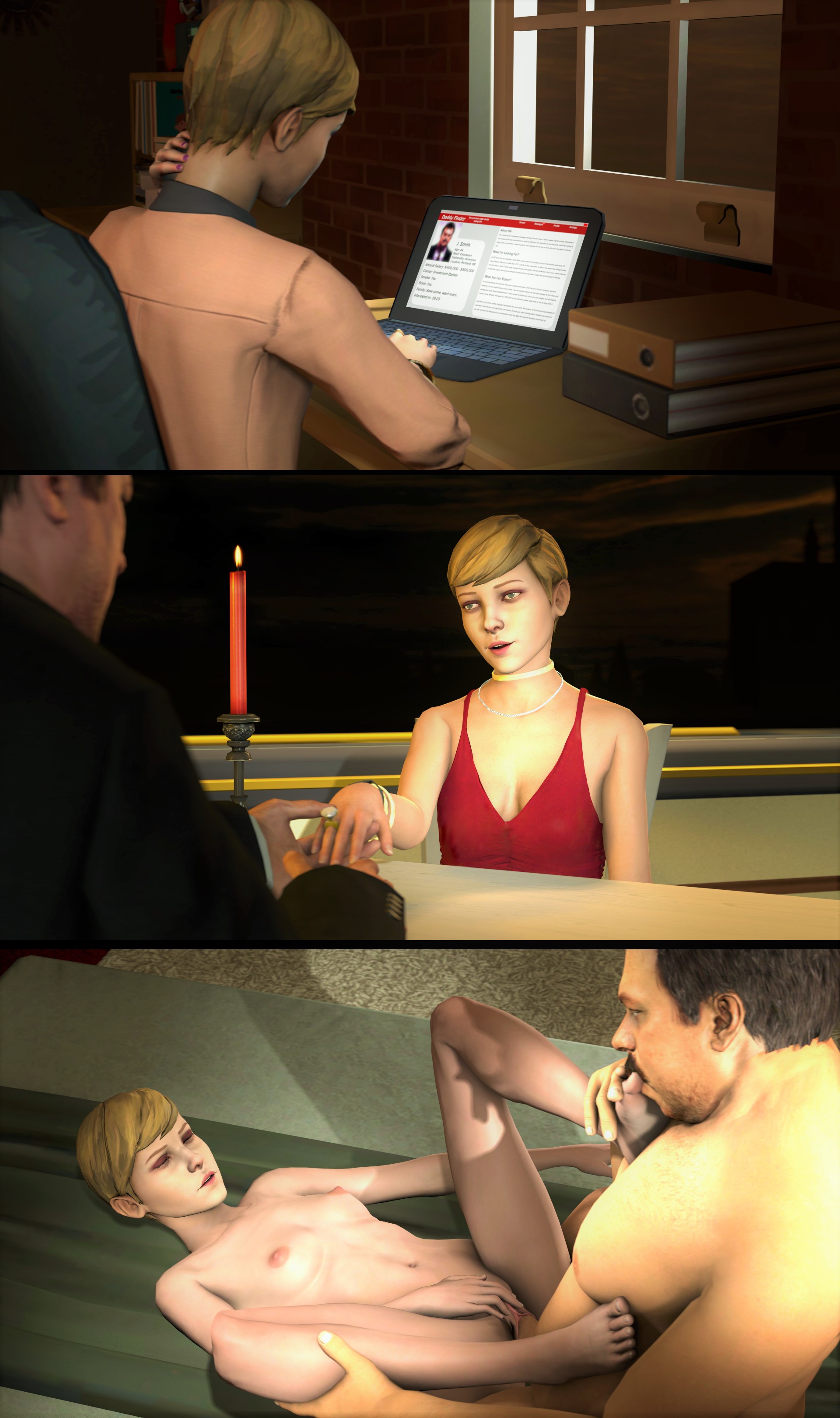 1girls, 3d, 3koma, barefoot, bed, bedroom, belly, blonde hair, breasts, breasts out, candle, candlelight, clitoris, closed eyes, comic, comic strip, computer, dating, fat, fat male, feet, female, foot fetish, hazel eyes, laptop, life is strange, lying on back, male, missionary, missionary position, missionary sex, mktrreekky, moustache, navel, older male, older male and younger female, open mouth, pussy, red dress, ring, rubbing clitoris, rubbing pussy, short hair, sole female, soles, source filmmaker, stomach, sucking toes, sugar daddy, teenage female, teenager, toe sucking, toes, tummy, victoria chase