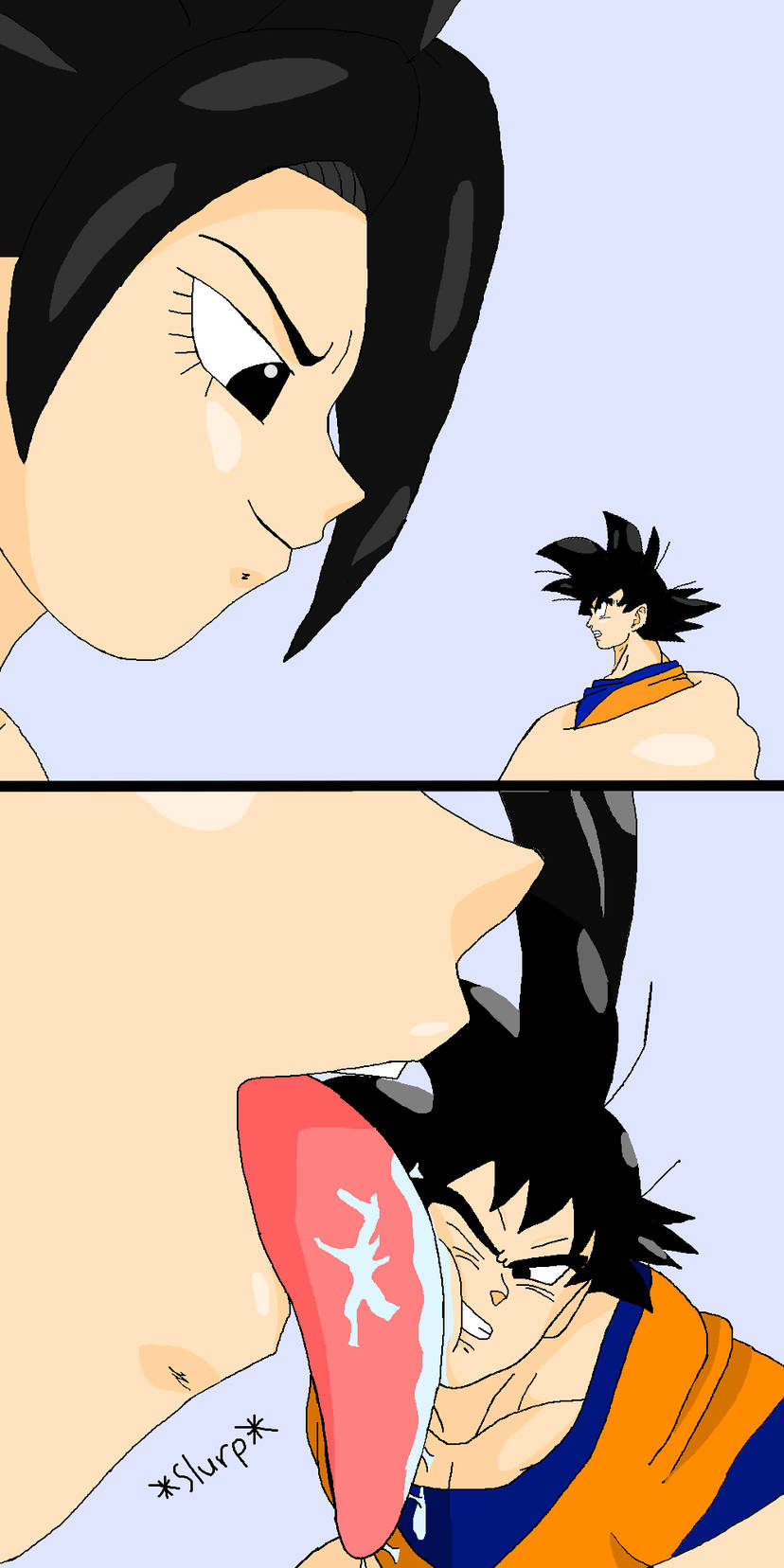 caulifla dragon_ball giant licking playful saliva_on_tongue skyfall1999 son_goku tiny universe_6/universe_7 universe_6_saiyan/universe_7_saiyan vore