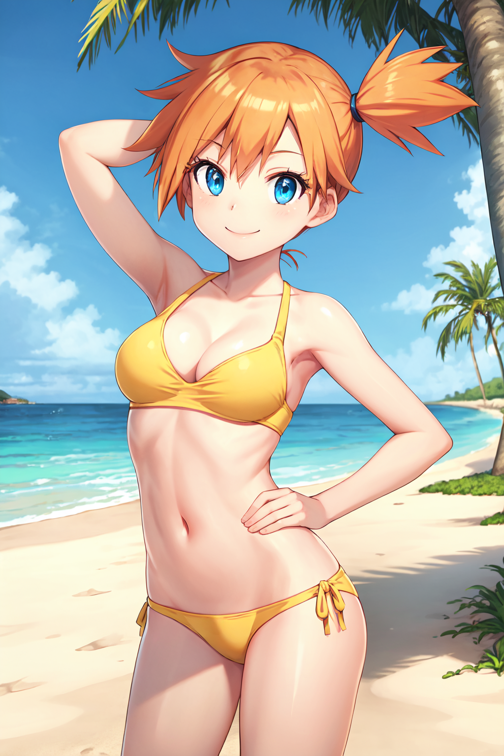 ai generated, asymmetrical hair, beach, bikini, blue eyes, blush, breasts, cleavage, clothing, female, female only, game freak, high resolution, hips, kasumi (pokemon), legs, looking at viewer, muscles, navel, nintendo, nipples, pokemon, pokemon (game), pokemon rgby, ponytail, short ponytail, side ponytail, solo, swimsuit, thighs, tied hair, water