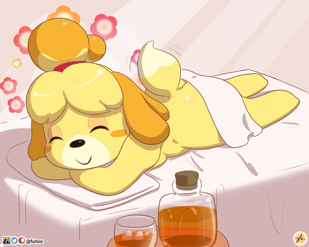 alcohol animal_crossing ass breasts female female_focus female_only furboz isabelle_(animal_crossing) massage_table nintendo