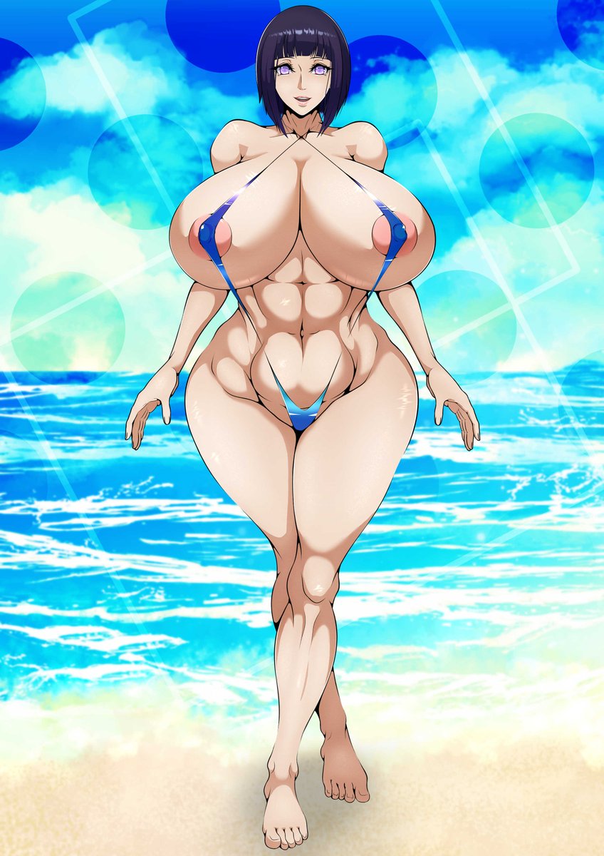 beach, big breasts, bikini, boruto: naruto next generations, breasts, erect nipples under clothes, female, hips, hyuuga hinata, mojihe, muscular, naruto, naruto (series), uzumaki hinata, voluptuous, voluptuous female, water