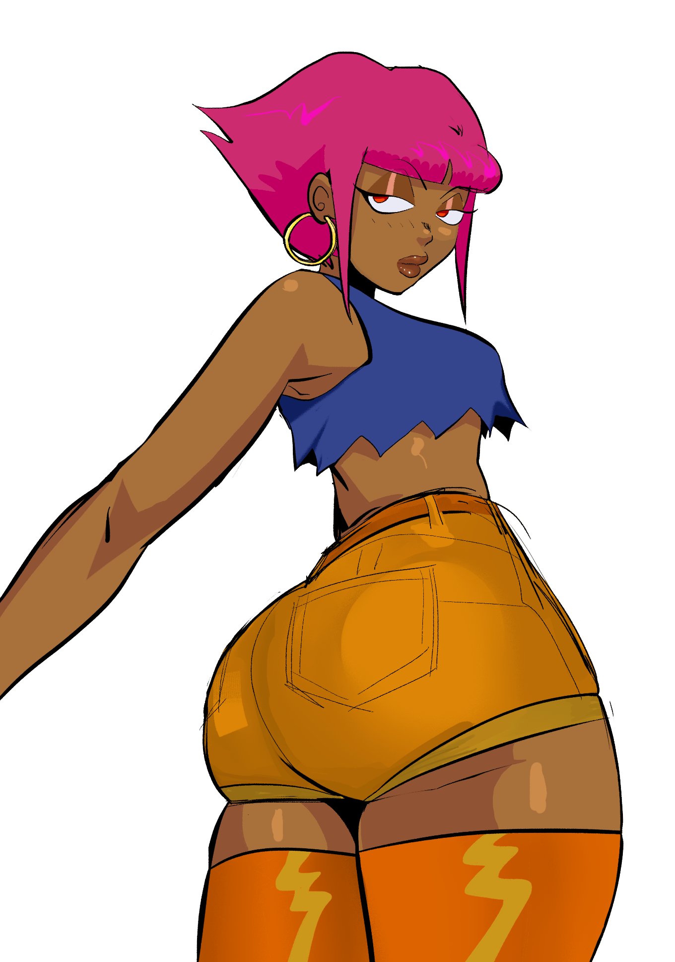 1girls ass big_ass booty_shorts breasts brown_skin cartoon_network clothing crop_top dark-skinned_female dark_skin earrings female female_only huge_ass human human_shannon humanized looking_at_viewer looking_back lysanthum medium_breasts ok_k.o.!_let's_be_heroes pink_hair red_eyes shannon_(ok_k.o.!_let's_be_heroes) shannon_boxman short_hair shorts sideboob solo solo_female solo_focus thick_thighs thighhighs thighs