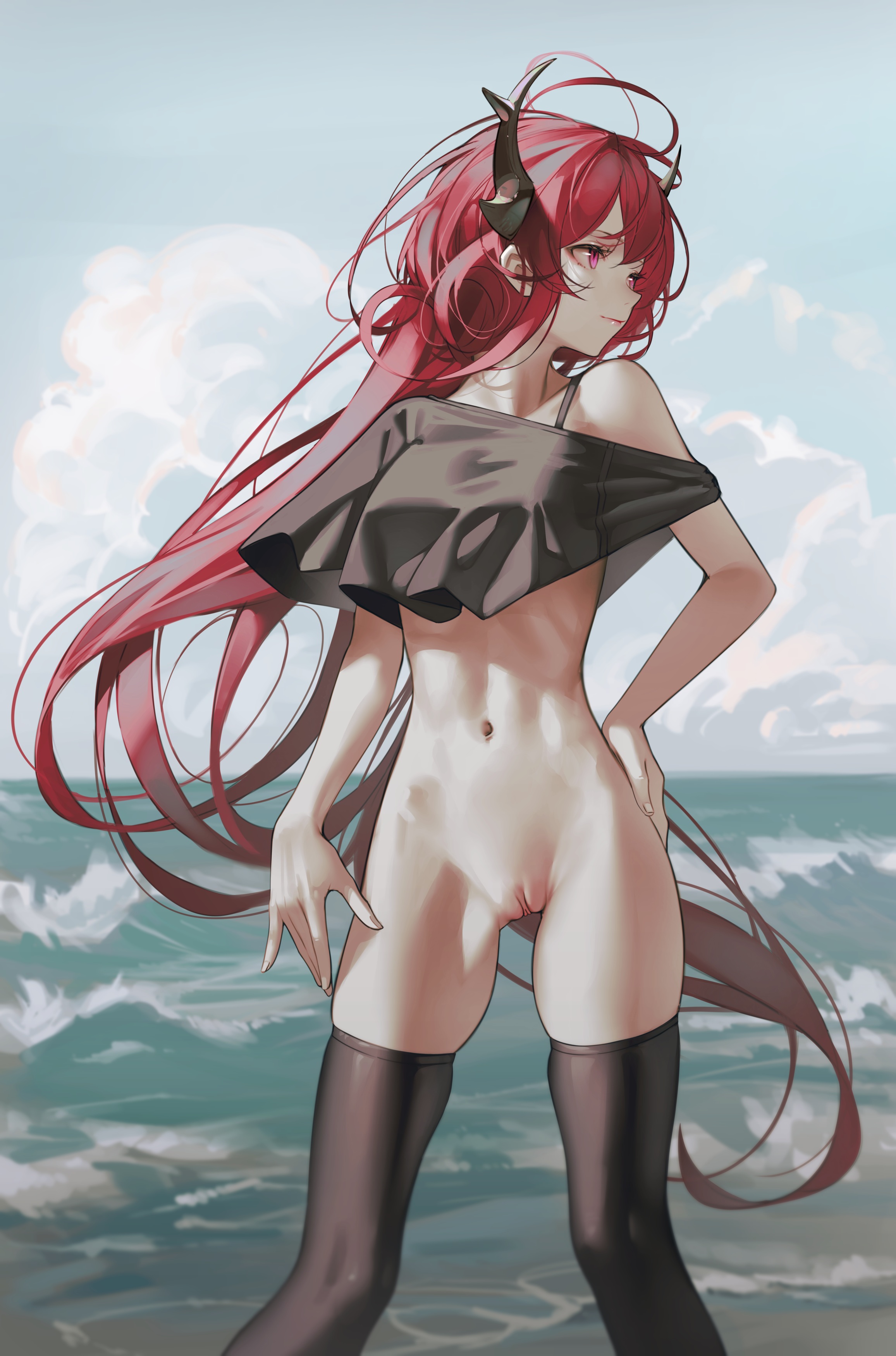 arknights, breasts, demon horns, female, hair between eyes, highres, horns, iumu, long hair, looking away, medium breasts, navel, ocean, panties, purple eyes, pussy, red hair, smile, solo, surtr (arknights), thighhighs, thighs, very long hair