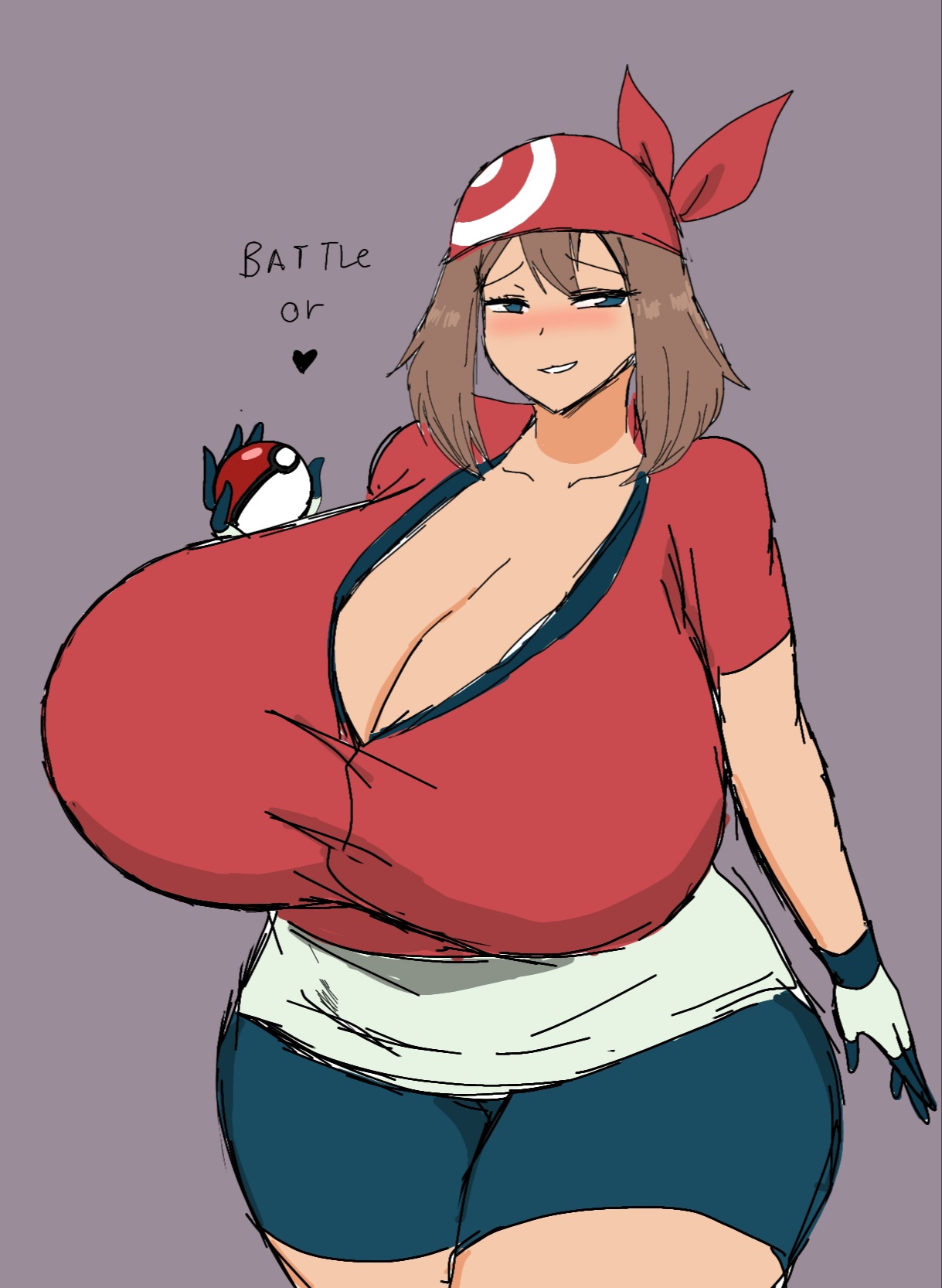 2023, alternate breast size, blush, breasts, breasts bigger than head, brown hair, brown-haired female, english, english text, female, female only, huge breasts, may (pokemon), momiji (artist), pokeball, pokemon, solo, solo female, text