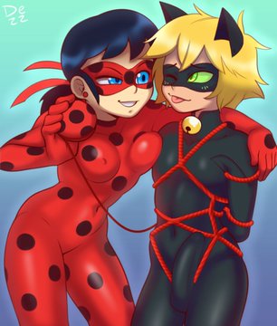 1boy 1girls adrien_agreste better_version_at_source cat_noir clothed dezz erection_under_clothes female femboy femdom ladybug_(character) lowres male marinette_cheng marinette_dupain-cheng miraculous_ladybug pokies tagme thumbnail tied_up