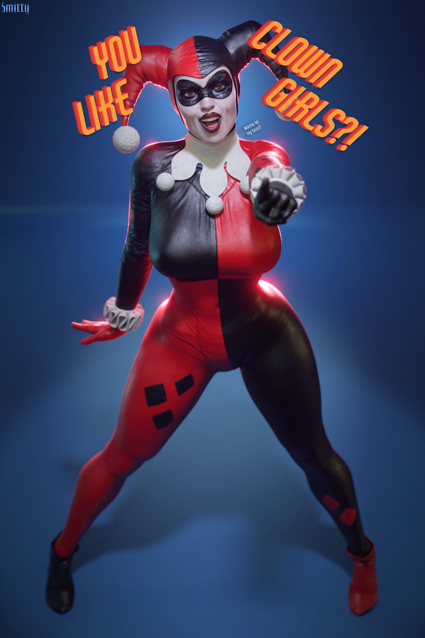 1girls, 3d, 3d (artwork), ass, batman (series), batman: arkham knight, big breasts, blue eyes, bodysuit, breasts, busty, clown, clown girl, comic, curvaceous, curvy, curvy figure, dc, dc comics, dialogue, digital media (artwork), eyes, female, female only, fully clothed, harley quinn, harley quinn (classic), harley quinn (injustice), hourglass figure, injustice 2, jester, jester cap, jester costume, jester girl, jester hat, jester outfit, large ass, large breasts, legs, light skin, light-skinned female, lips, pointing, pointing at viewer, smitty34, solo, solo female, talking to viewer, thick thighs, villain, villainess, voluptuous, wide hips