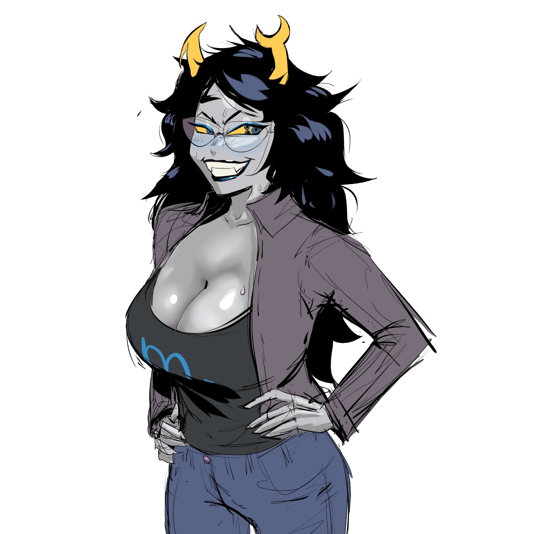 1girls, big breasts, black hair, blush, breasts, cleavage, clothed, clothing, female, glasses, hand on hip, homestuck, horns, large breasts, looking at viewer, lysanthum, smile, solo, troll, vriska serket