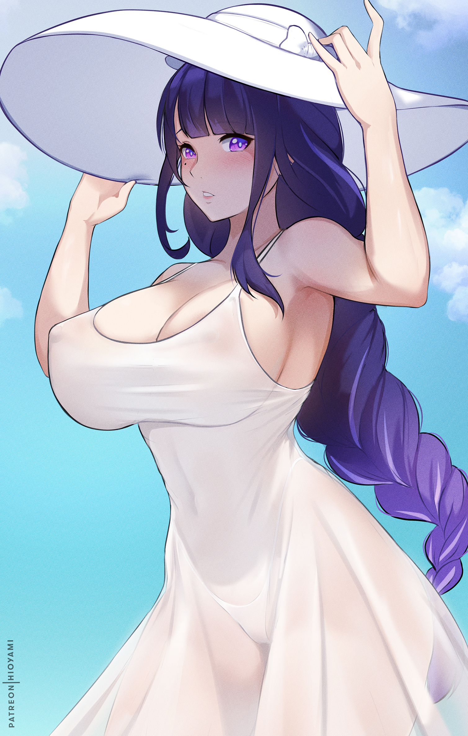 1girls, big breasts, blush, braid, breasts, cleavage, dress, female, female only, genshin impact, goddess, hasshaku-sama, hat, headwear, hioyami, huge breasts, mature, mature female, mole, mole under eye, nipple bulge, panties, panties visible through clothing, purple eyes, purple hair, raiden shogun, solo, solo female, sun hat, white dress, white panties