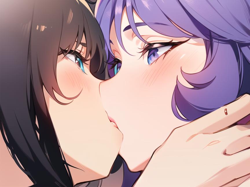 2girls ai_generated black_hair blonde_hair blue_eyes close-up deep_kissing hentai high_resolution highres iyashite_agerun_saiyuuki lesbian_kiss moriyama_izumi nai_diffusion purple_eyes shiny_hair shiny_skin skyrimgamer17 stable_diffusion yuri