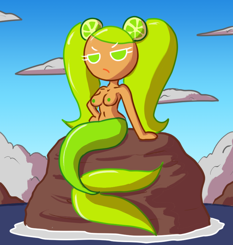 1girls breasts cookie_run female female_only green_tail lime_cookie mermaid mermaid_girl mermaid_tail mythkaz nipples png sitting solo topless water