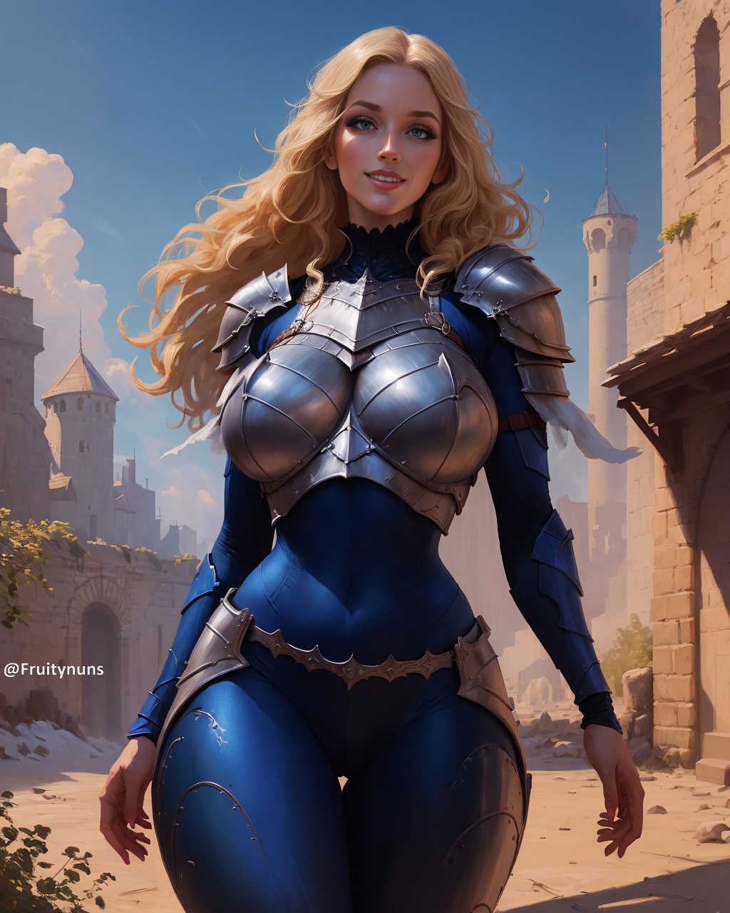 2023, ai generated, blonde hair, blue eyes, breasts, curvy body, curvy female, curvy figure, female, female focus, female only, fruitynuns, highres, huge breasts, latex suit, league of legends, league of legends: wild rift, long hair, luxanna crownguard, riot games, skin tight, solo female, solo focus, stable diffusion, voluptuous, voluptuous female