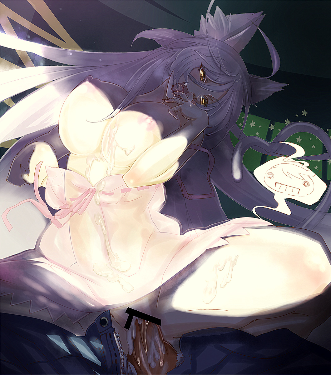 animal_ears araragi_koyomi bakemonogatari bar_censor black_hanekawa breasts cat_ears catgirl censored hanekawa_tsubasa large_breasts monogatari_(series) nightgown nipples oppai penis sex vaginal_penetration