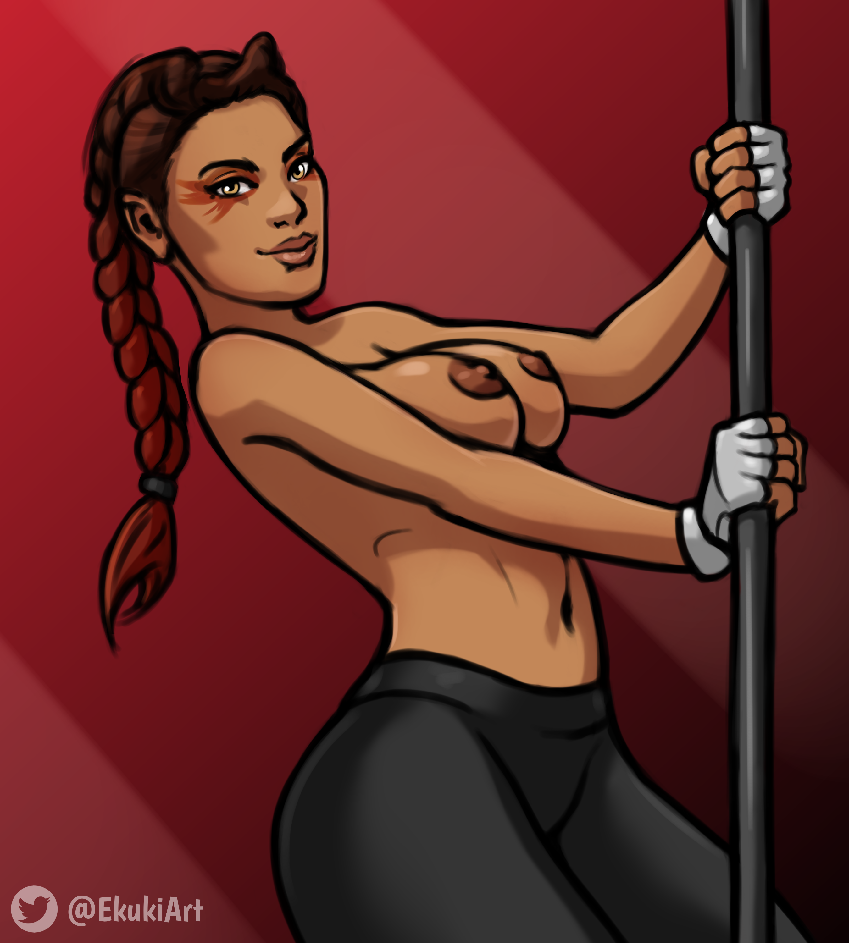 1girls, 2d, apex legends, breasts, dark skin, dark-skinned female, ekuki, female, female only, fingerless gloves, loba (apex legends), nipples, pole dancer, pole dancing, solo, stripper pole, yoga pants