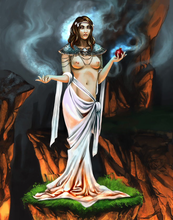 1girls breasts breasts_out cave female grass greek_mythology jewelry magic mythology nipples pauldrons persephone pomegranate shawl standing toga