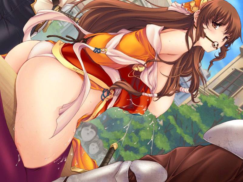 1girls alice_soft arms_behind ass ball_gag blush bondage breasts breasts_out brown_eyes brown_hair cg exhibitionism female female_focus gag gagged game_cg humiliation long_hair majo_no_shokuzai min-naraken nipple_leash nipple_pull nipple_rings nipples no_bra outdoors panties sideboob wooden_horse