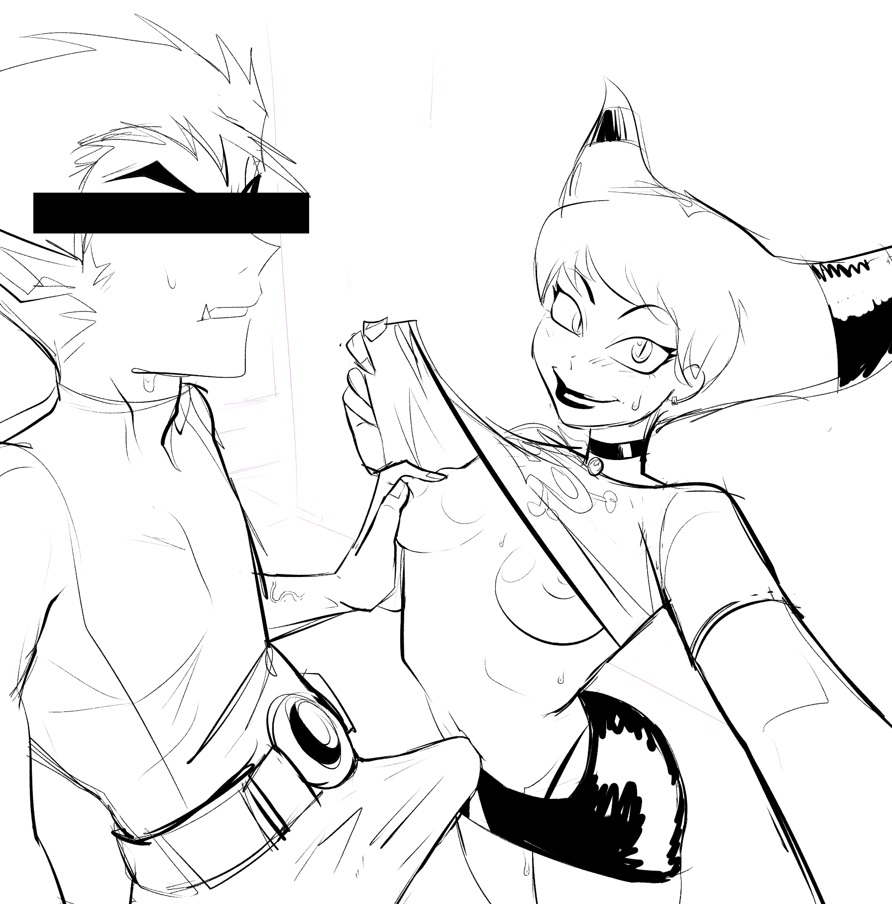 1boy, 1girls, ass, beast boy, bodysuit, breast grab, breasts, bulge, bulge through clothing, censor bar, censored eyes, choker, clothed, clothing, dc, dc comics, female, jinx (dc), large penis, lifting shirt, lipstick, looking at viewer, lysanthum, male, penis, poking, poking belly, shirt, shirt lift, skirt, sweat, teen titans
