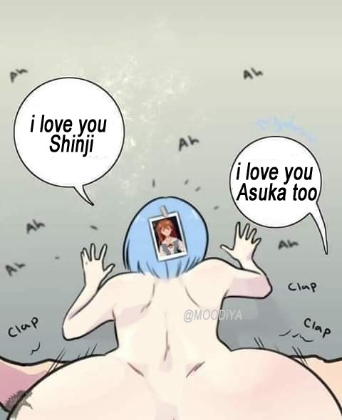 1boy, 2girls, anal, anal sex, artist request, ass, asuka langley sohryu, blue hair, breasts, cheating, cuckquean, english text, female, from behind, giver pov, human, light skin, light-skinned female, love, male, neon genesis evangelion, ntr, orange hair, pale skin, pale-skinned female, photo, pov, pov male, rei ayanami, shinji ikari, short hair, speech bubble, thinking about another, thinking of someone else