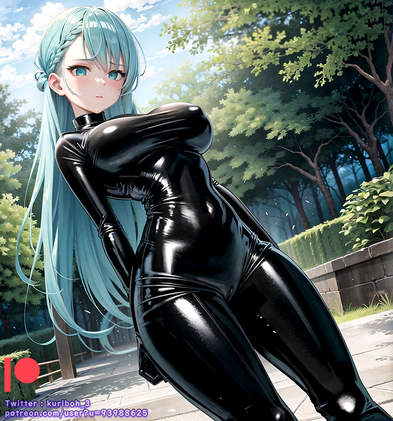 ai_generated black_catsuit black_latex black_latex_catsuit breasts catsuit kuriboh_ex_(artist) latex latex_catsuit latex_suit oppai rubber rubber_suit turquoise_eyes turquoise_hair