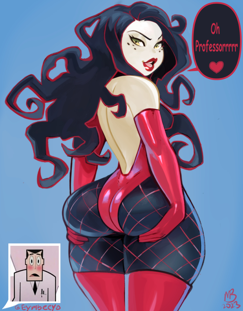 arm_gloves ass ass_support black_hair blue_background blush dialogue english_text eymbee fishnet_pantyhose fishnets green_eyes heart holding_ass legwear leotard lifting_ass long_hair looking_at_viewer looking_back looking_back_at_viewer pantyhose powerpuff_girls professor_utonium rear_view red_lipstick sedusa smiling smiling_at_viewer speech_bubble talking_to_viewer thick_ass thick_thighs