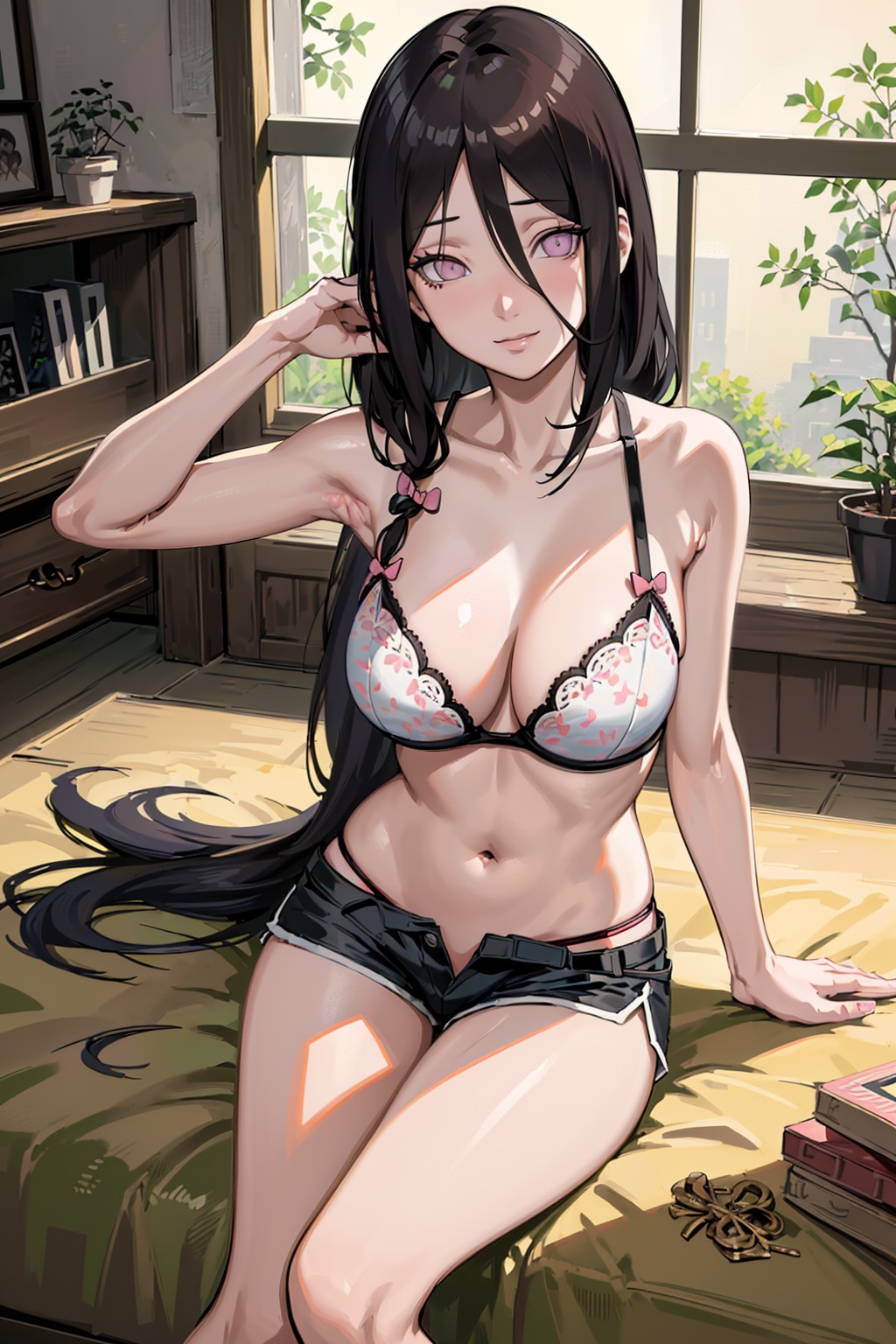 1girls, ai generated, arm support, armpits, bare legs, bare shoulders, bed, bedroom, blush, boruto: naruto next generations, bottomwear, bra, breasts, brown hair, cleavage, female, female only, g-string, godho, hair ornament, hair ribbon, hyuuga hanabi, indoors, legs together, long hair, midriff, nai diffusion, naruto, naruto (series), naruto: the last, on bed, panties, partially clothed, petite, ribbons, short shorts, shorts, sitting, sitting on bed, smile, solo, solo focus, stable diffusion, unbuttoned, unbuttoned shorts, underwear, violet eyes