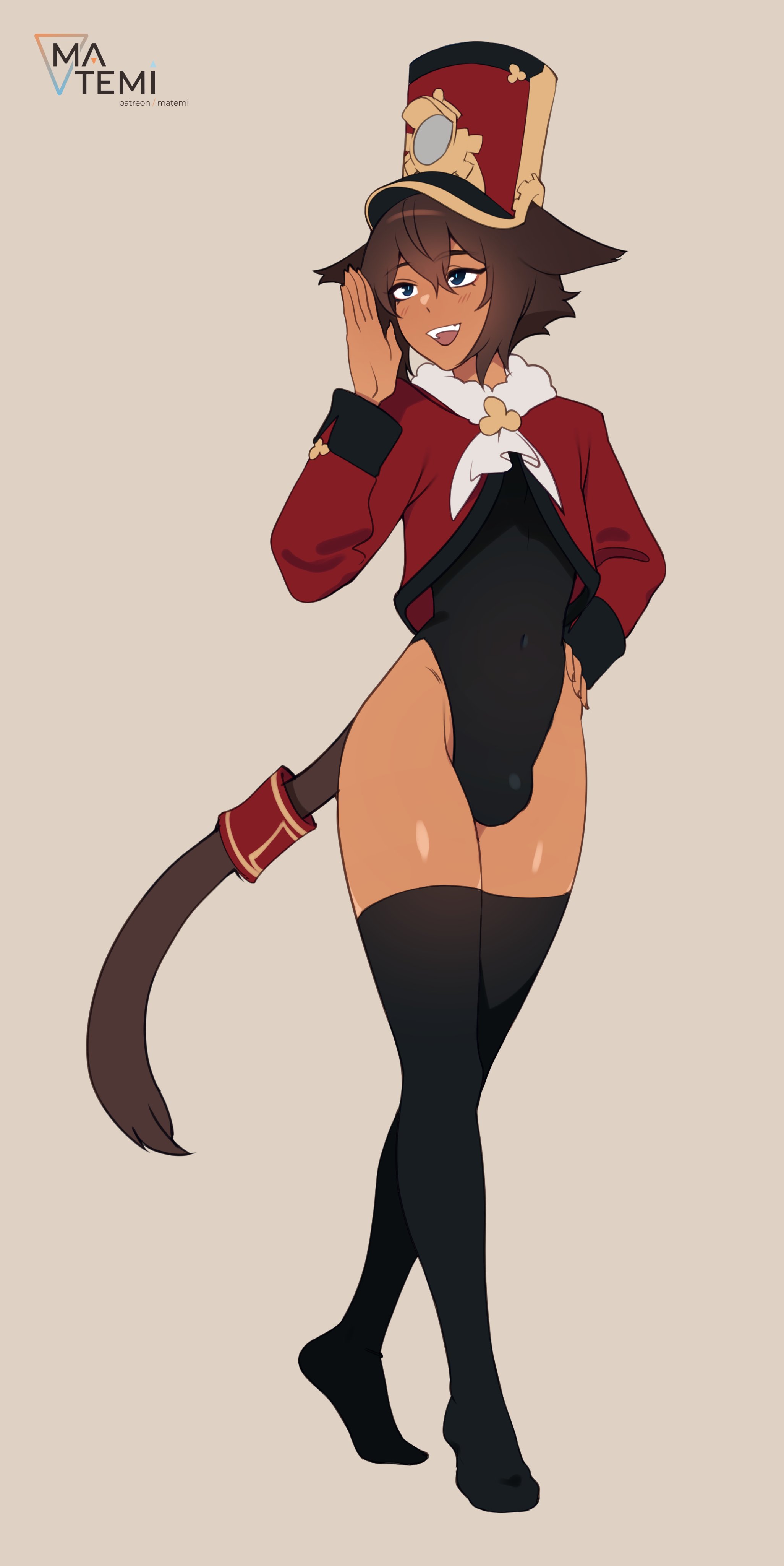 2023, 2d, 2d (artwork), 5 fingers, alternate costume, alternate version at source, alternate version available, animal tail, artist logo, artist signature, blue eyes, blush, bodysuit, brown hair, cat boy, catboy, dark skin, dark-skinned femboy, dark-skinned male, femboy, girly, hand on hip, headwear, honkai: star rail, leotard under clothes, male, male only, matemi, no sex, oskar (coffee.png), penis, penis bulge, stockings, tail, topwear, watermark, white background