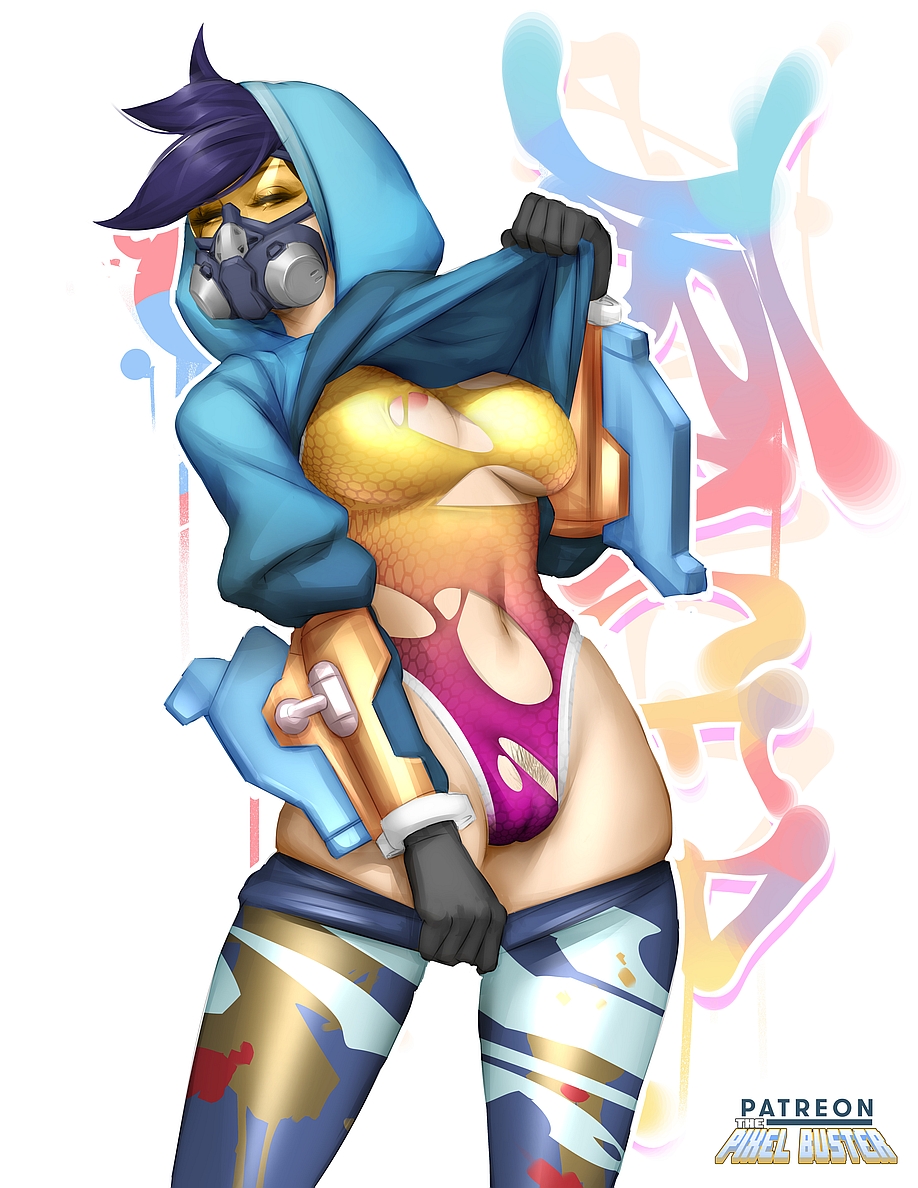 2d 2d_(artwork) 2d_artwork blue_hair drawn gas_mask horny overwatch overwatch_2 spray_paint thepixelbuster torn_clothes tracer undressing