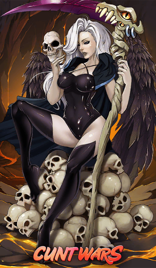 1girls black_legwear black_leotard black_wings breasts cape covered_navel cunt_wars female_only grand_ma_reaper hooded_cape legwear leotard long_hair personification removing_mask scythe sitting sitting_on_object skull_mask skulls solo unmasked white_hair