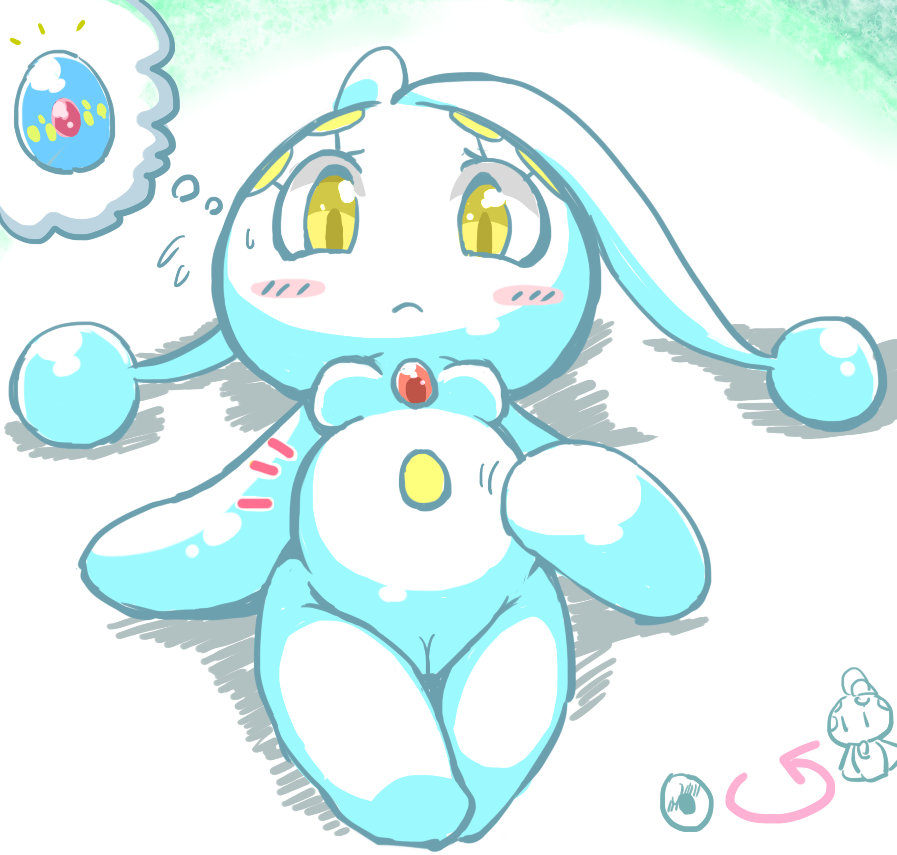 1girls anthro artist_name big_belly blue_skin blush breasts egg holding_belly kneeling manaphy open_eyes pokémon_(species) pokemon pregnant pussy small_breasts tokemaru