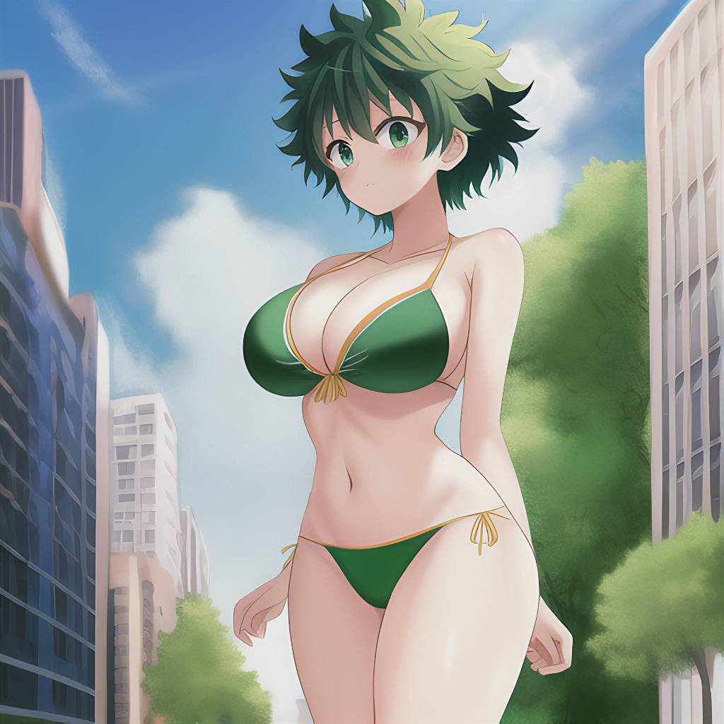 1girls, ai generated, bikini, blush, breasts, buildings, city, female, female deku, genderswap, genderswap (mtf), green bikini, green eyes, green hair, izuku midoriya, large breasts, looking at viewer, matching hair/eyes, midoriya izuku, my hero academia, outdoors, rule 63, short hair, trees
