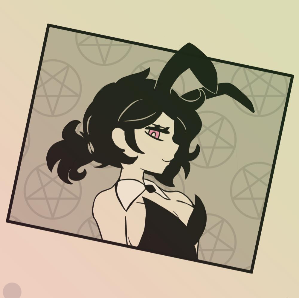 1girls, 2d, ashley graves, black hair, bunny costume, bunny ears, bunny girl, bunnysuit, clothed, female, female only, lagsoff, looking at viewer, messy hair, pink eyes, ponytail, side view, smile, smiling, smiling at viewer, solo, solo female, tagme, the coffin of andy and leyley