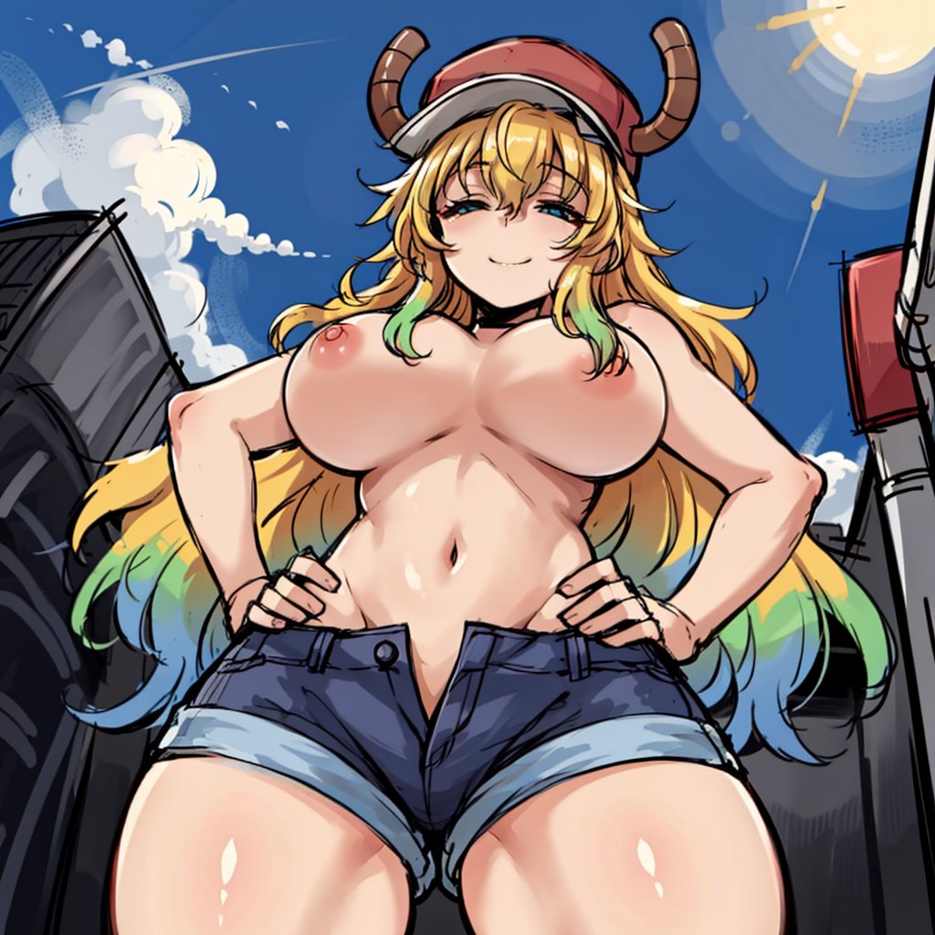 1girls, 2023, ai generated, anime nose, blonde hair, breasts, breasts out, closed eyes, female, from below, horned female, horned humanoid, horns, kobayashi-san chi no maidragon, large breasts, leukocrisp, lucoa, nipples, no bra, outdoors, quetzalcoatl (dragon maid), smile, stable diffusion, topless, twitter, unzipped
