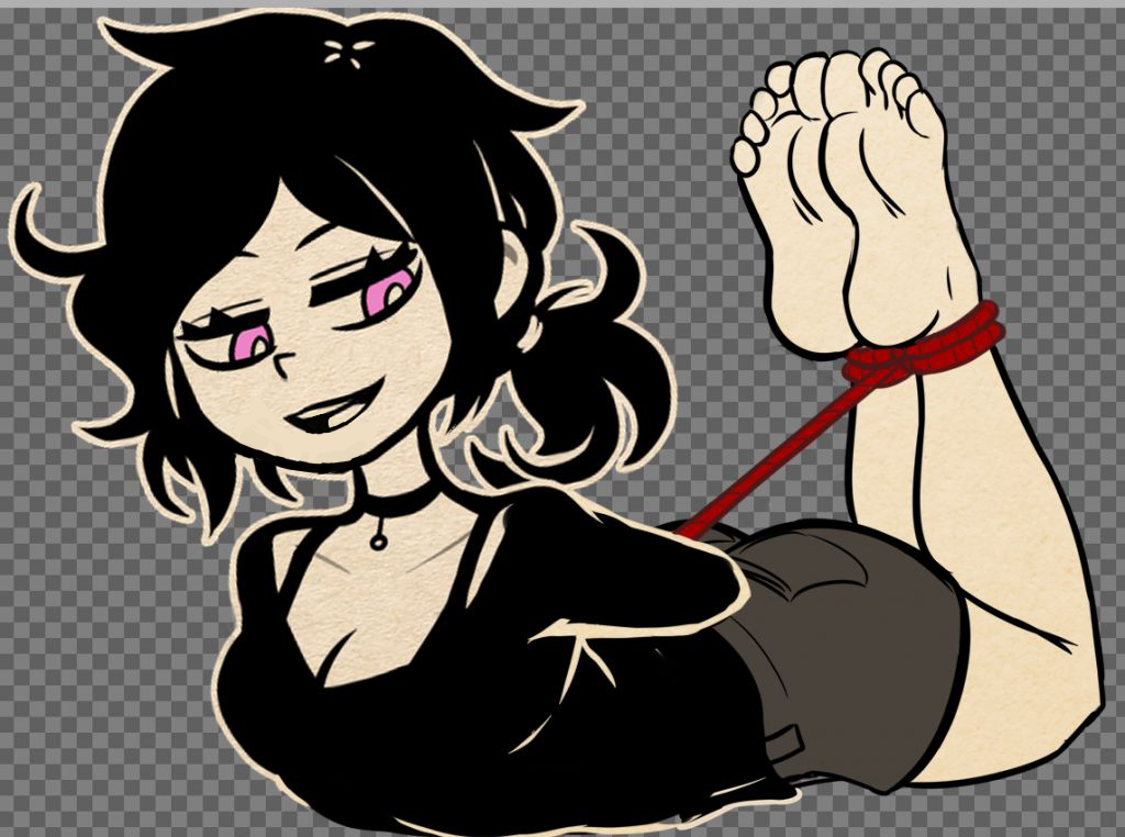:3, 1girls, alternate version available, ashley graves, barefoot, black hair, bondage, choker, clothed, drawfag, edit, feet, feet together, feet up, female, female focus, female only, foot fetish, lethaltk, messy hair, pink eyes, ponytail, soles, solo, solo female, tagme, the coffin of andy and leyley, tied up, toes