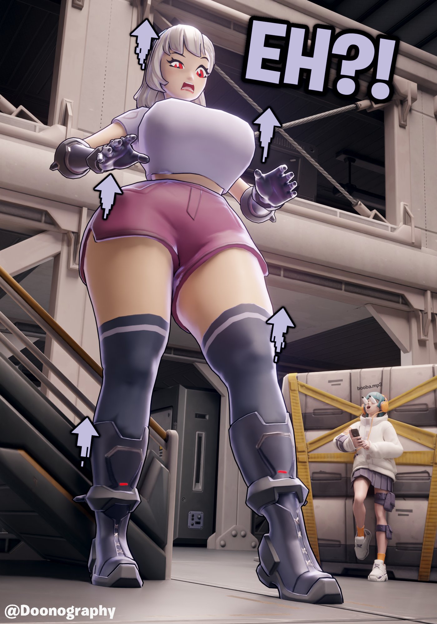 2girls, bigger female, breast expansion, breast growth, breast growth (enlargement), breasts, breasts bigger than head, confused, doonography, female, female only, fortnite, giantess, growing, growth, huge breasts, larger female, lexa (fortnite), surprised, thick thighs, yuki (fortnite)
