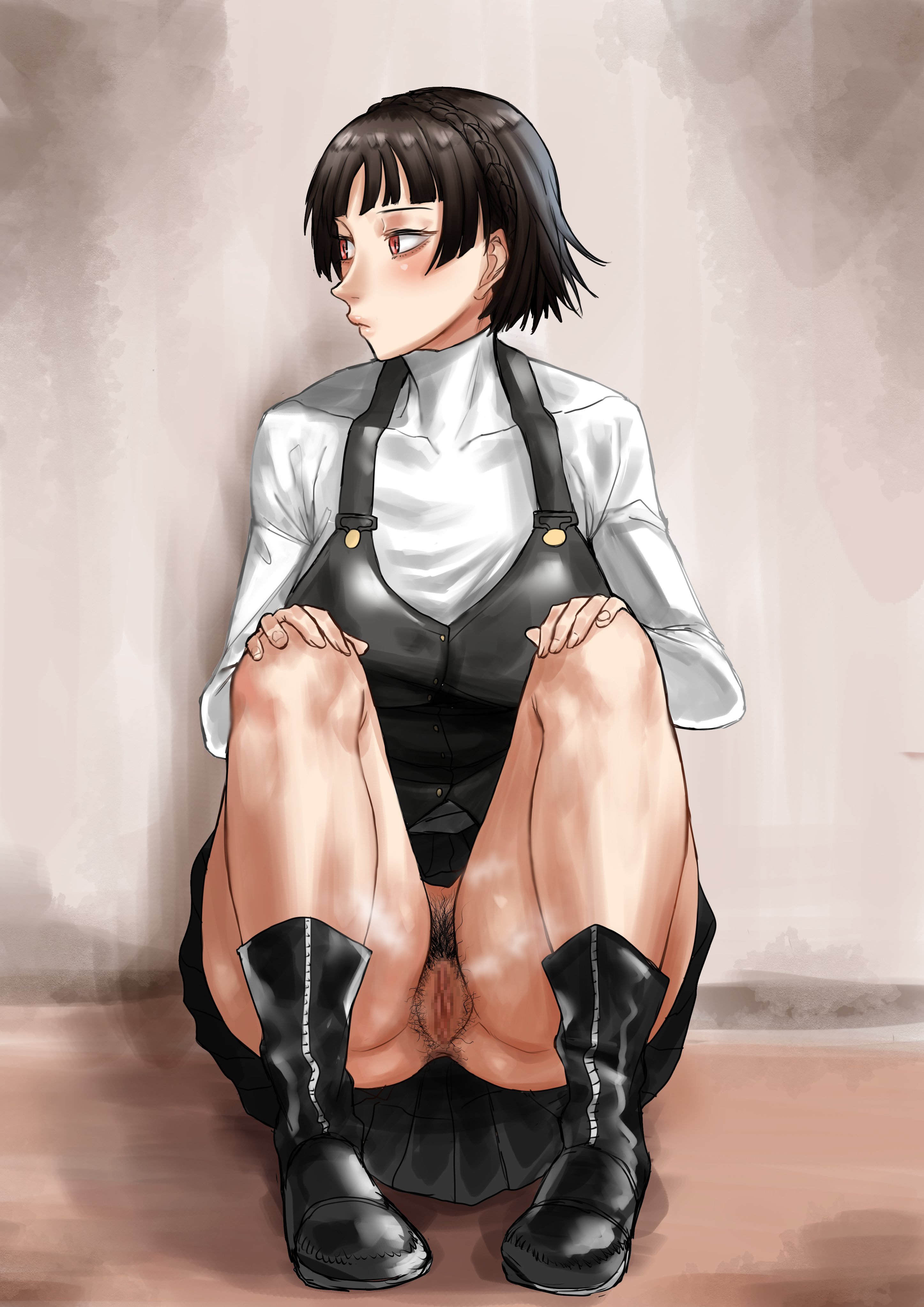 1girls, akasa523, anus, atlus, bob cut, female, female pubic hair, hairy, hairy pussy, makoto niijima, megami tensei, no panties, on floor, persona, persona 5, pubic hair, pussy, school, school uniform, schoolgirl, sitting, sitting down, sitting on floor, tagme, thick, thick thighs, thighs