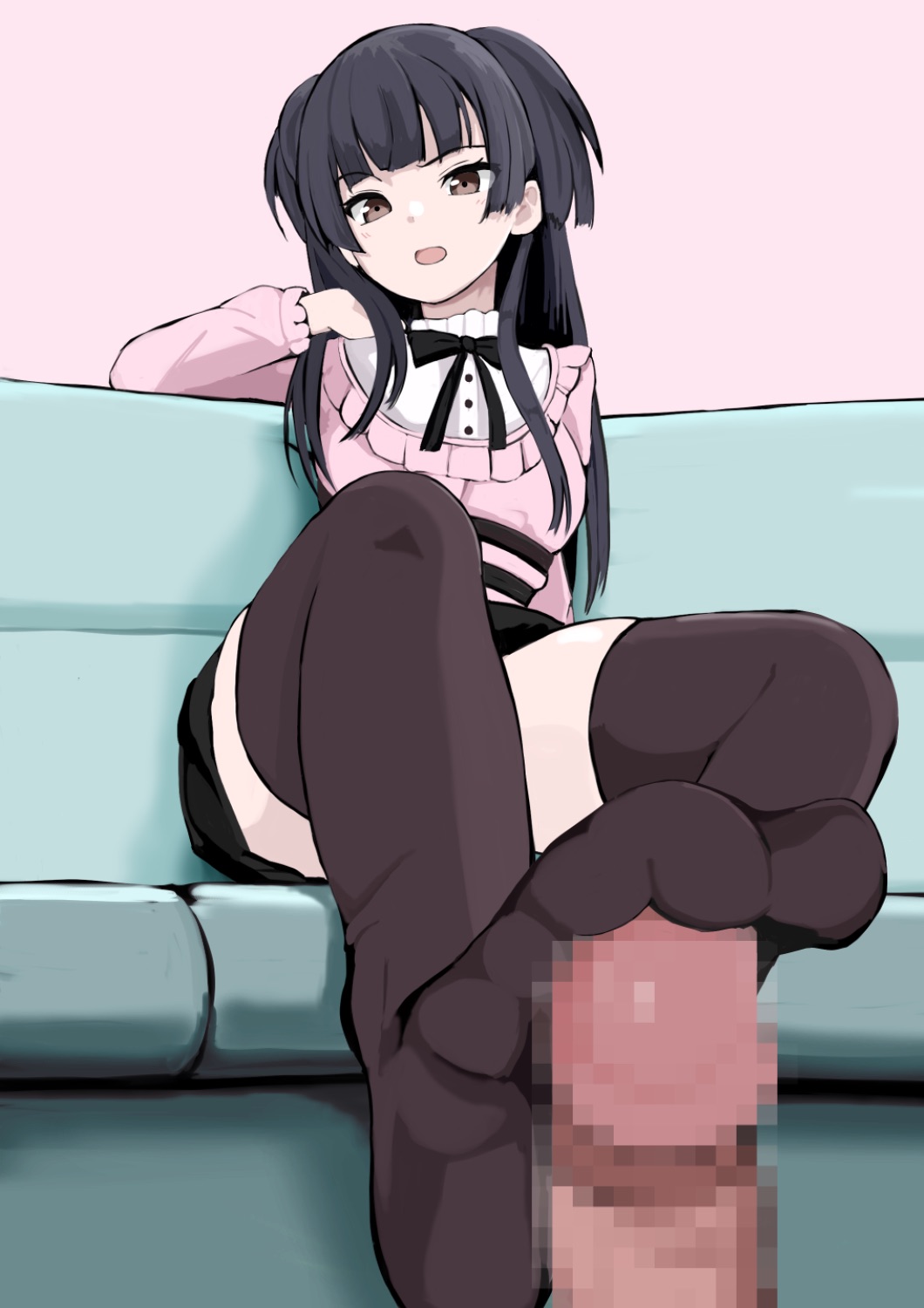 black hair, black legwear, censored, female, femdom, foot fetish, footjob, footjob with legwear, idolmaster, idolmaster shiny colors, legwear, looking at viewer, male, mayuzumi fuyuko, mosaic censoring, penis, thighhighs