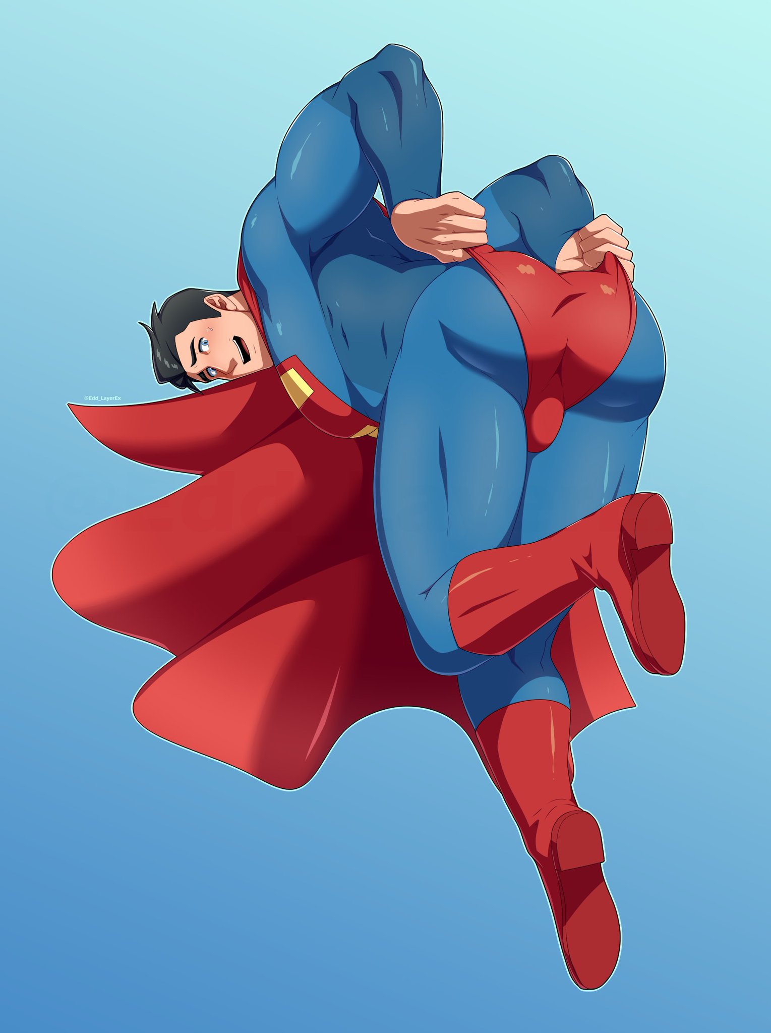 1boy, anus, ass, bara, bent over, big ass, black hair, boots, cape, clark kent, clark kent (my adventures with superman), clothing, dc, dc comics, edd layerex, fat ass, fully clothed, gay, kal-el, male, male focus, male only, muscular, muscular male, my adventures with superman, presenting, presenting anus, short hair, superhero, superhero costume, superman, superman (clark kent), superman (series), yaoi