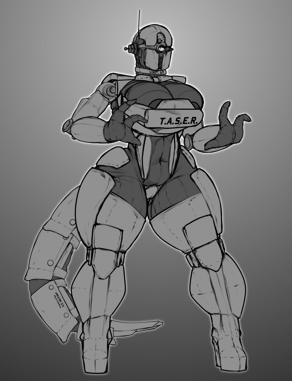1girls, 3 fingers, assaultron, fallout, fallout 4, female, high heels, living machine, monochrome, morningstarlewds, robot, simple background, tail, thick thighs