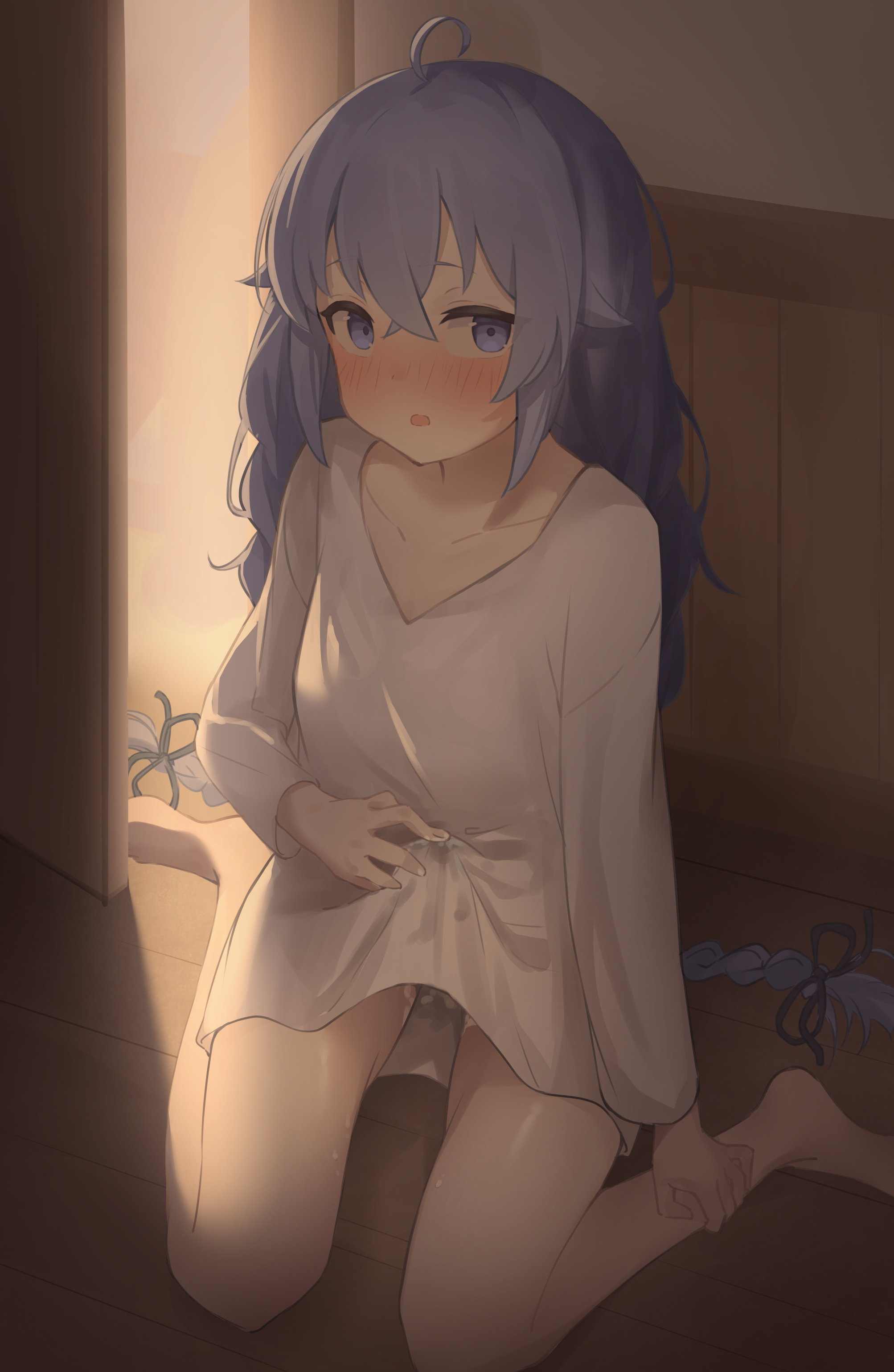 1futa, blush, breasts, clothed, clothing, erection, erection under clothes, futa only, futanari, human, intersex, light skin, light-skinned futa, long hair, masturbation, mostly clothed, mushoku tensei, nemu mayo, penis, penis under clothes, precum, precum through clothing, purple hair, roxy migurdia, sitting, solo, toukarachi