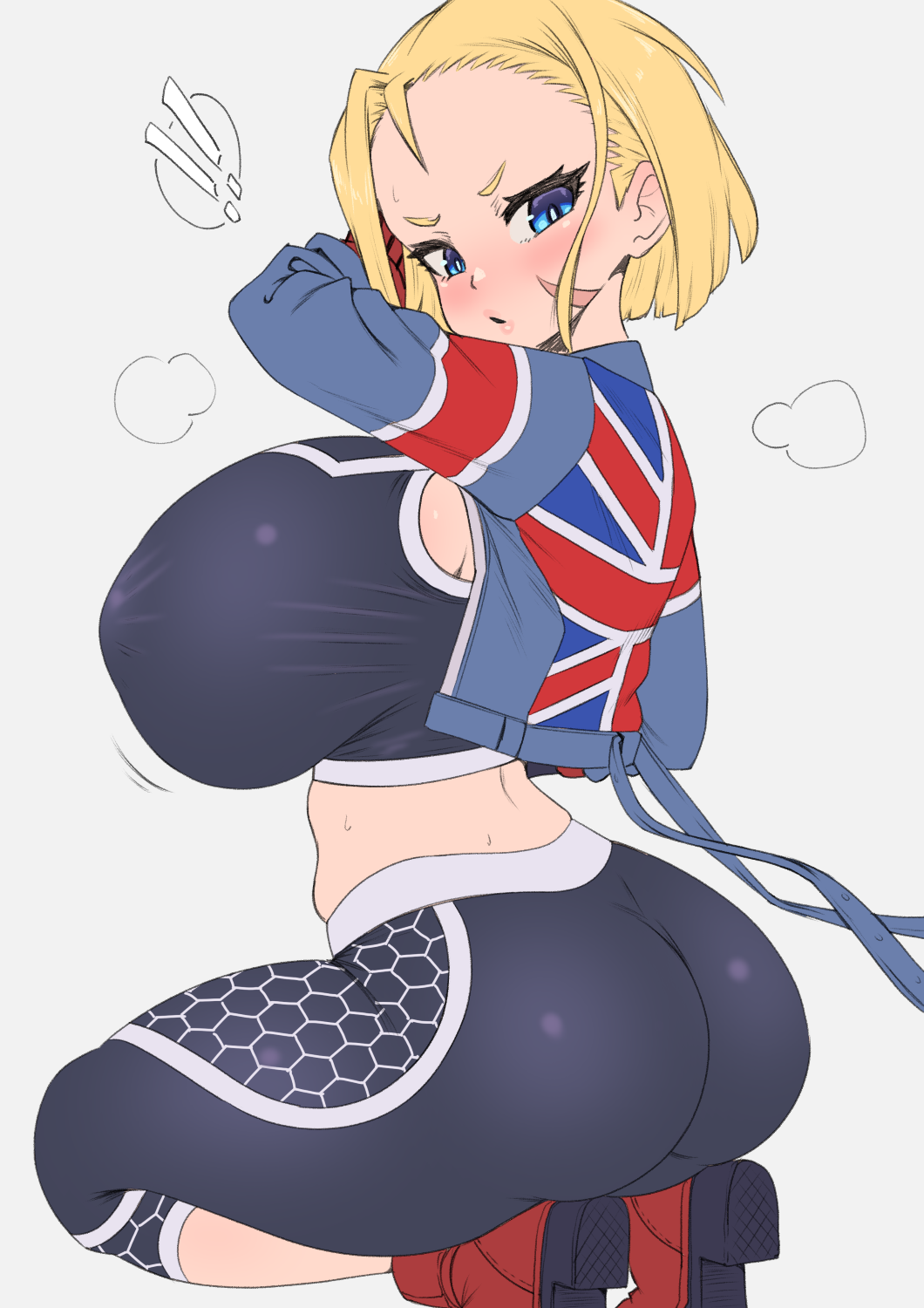 1girls blush cammy_white female female_only gigantic_breasts huge_breasts leggings short_hair solo sports_bra street_fighter street_fighter_6 sweat thick_thighs whomper_fruit whomperfruit