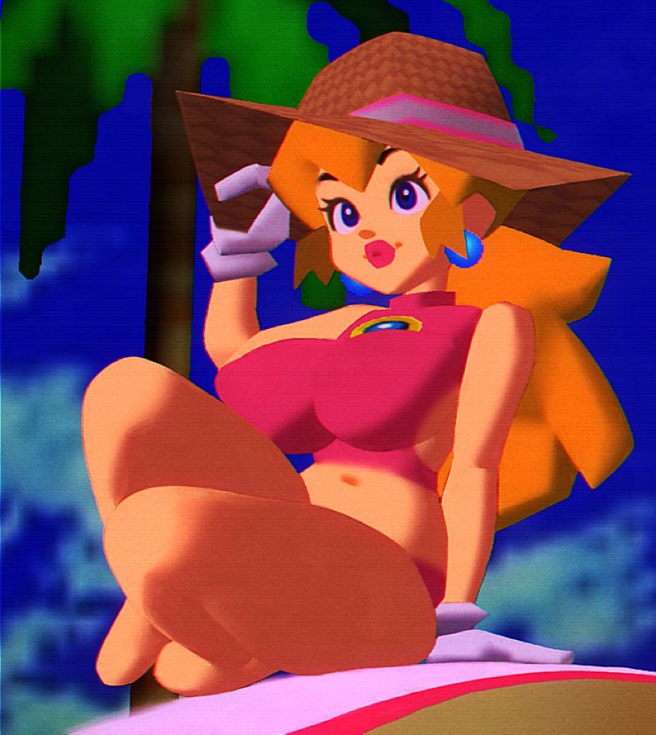 1girls beach big_breasts big_thighs blonde_hair blue_eyes breasts clothed earrings female female_only gloves hat light-skinned_female light_skin lips lipstick long_hair low-poly low_poly low_poly_peach lowpoly mario_(series) midriff navel nintendo pink_lipstick polygon princess_peach solo wamudraws