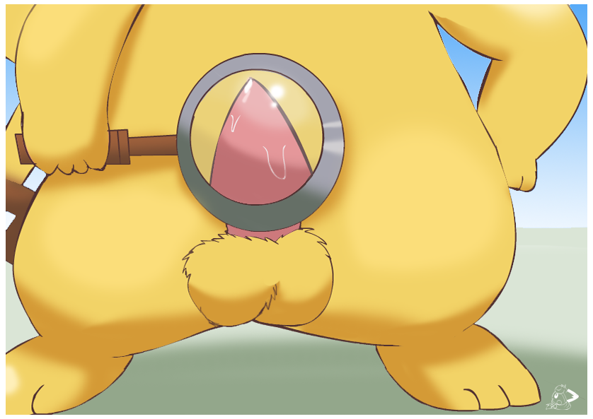 balls bodily_fluids close-up detective_pikachu detective_pikachu_(series) first genital_fluids genitals magnifying_glass male male_focus male_only nintendo penis pichu90 pikachu pokemon pokemon_(species) precum solo