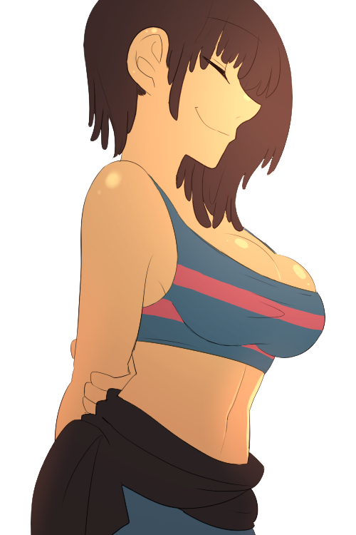 1girls aged_up arms_behind_back bare_shoulders big_breasts bra breasts brown_hair cleavage closed_eyes clothed clothed_female clothing female female_frisk female_frisk_(undertale) female_human female_only fit fit_female frisk hand_behind_back hands_behind_back happy human knocker12 light_skin midriff no_sex no_shirt posing shiny_skin short_hair sideboob simple_background smile smiling solo solo_female striped_clothing tank_top undertale undertale_(series) voluptuous white_background yellow_body yellow_skin