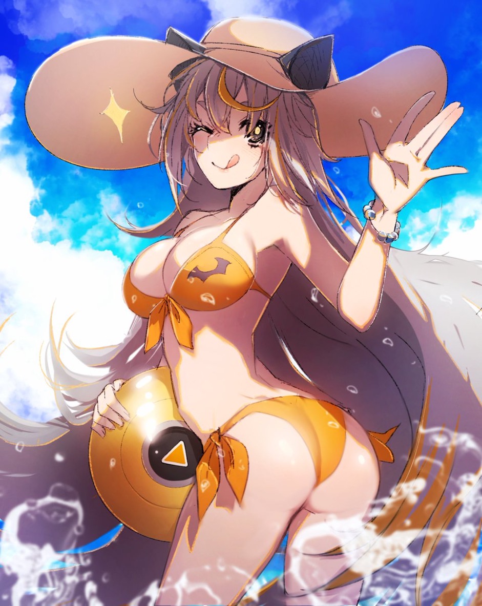 1girls ass bat bat_ears beach_ball beach_hat bikini bracelet breasts omega_strikers one_eye_closed simple_background sonii tongue_out virtual_youtuber vtuber water wave