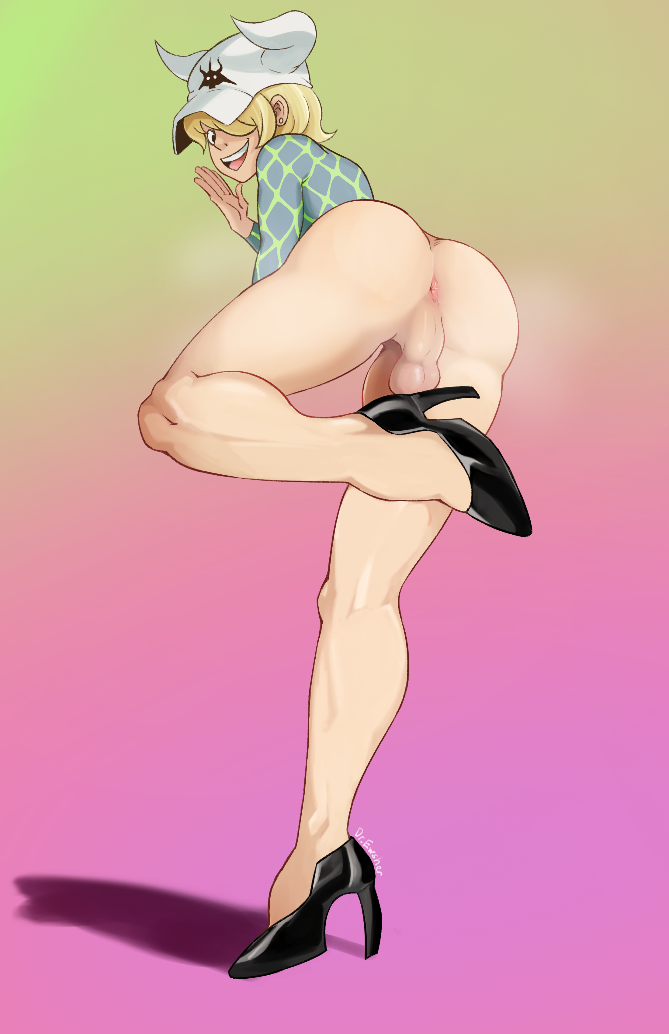1boy, anus, ass, backsack, balls, ballsack, baseball cap, big ass, blonde hair, bottomless, canon crossdressing, crossdressing, dellinger, dr ewsher, femboy, fish-men (one piece), flaccid, full body, gradient background, hair over one eye, hat, high heels, horns, humanoid, looking at viewer, looking back, low-angle view, male, male only, one piece, penis, perineum, smile, solo, standing, tight anus, tight ass, tight bussy, twink, uncensored