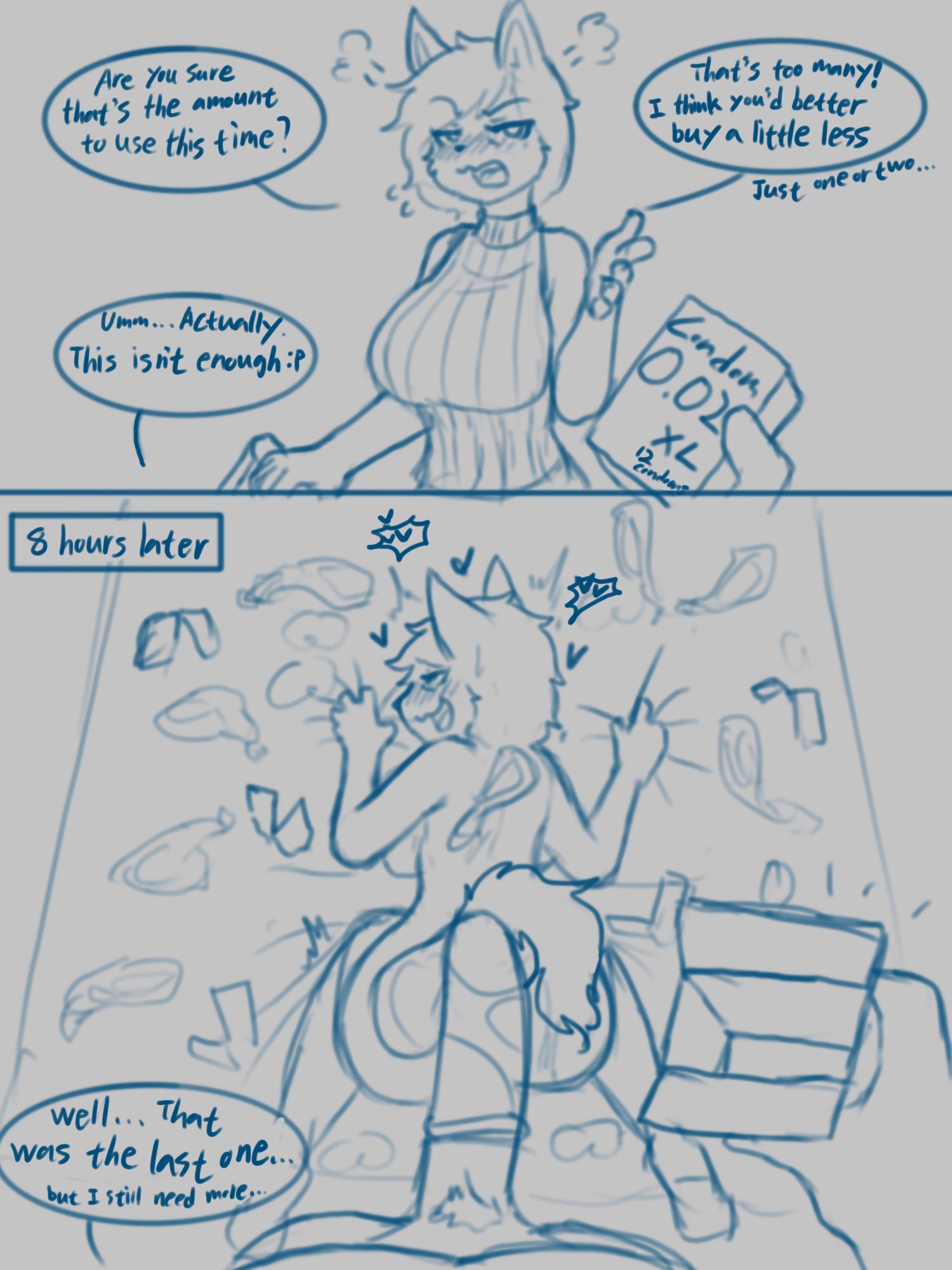 anthro blush complaining condom dialogue gripping_sheets heart holding_object instant_loss_2koma maledom time_skip virgin_killer_sweater wbnsfwfactory